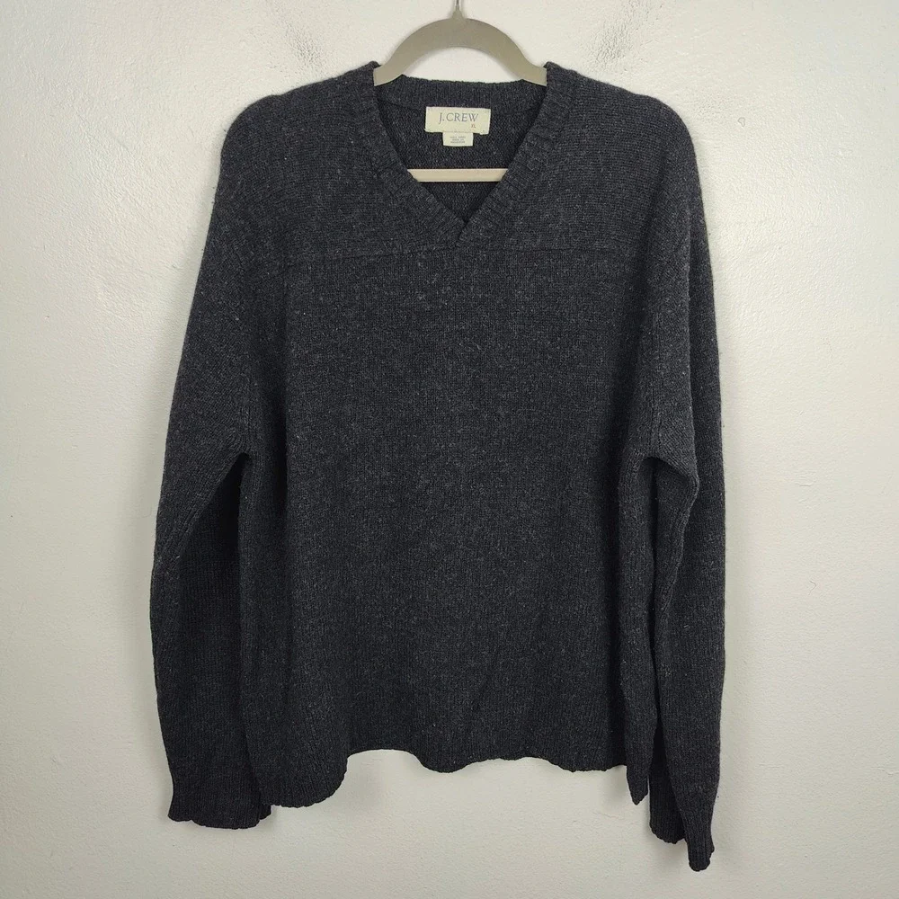 Vintage Y2K J Crew Sweater Mens XL‎ Wool V Neck Dark Gray Preppy Knit Pullover